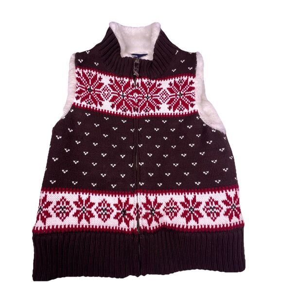 GAP KIDS Girls Brown Red Snowflake FairIsle Nordic Fur Sherpa Sweater Vest XL 12 - Picture 1 of 16